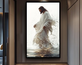 Jesus Walking on Water Wall Art Print, Spiritual Christian Poster in White and Gold Tones, Faith-Inspired Religious Decor for Home or Church