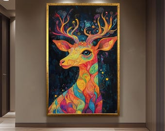 Colorful psychedelic deer wall art print with vibrant swirls and surreal fantasy forest vibes, trippy animal artwork for home decor Deer Art