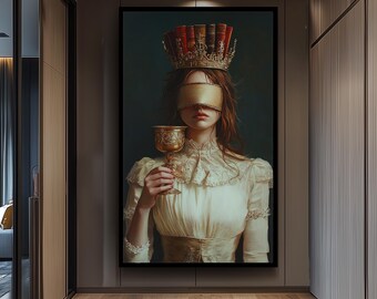 Blindfolded Woman Holding Golden Goblet with Book Crown – Vintage Style Dark Academia Canvas Wall Art for Gothic Literary Decor Woman Canvas