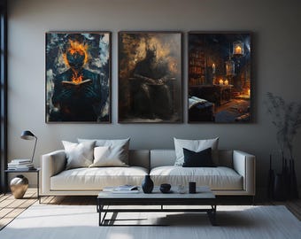 Dark Fantasy Wall Art Set Of 3 Prints With Demonic Figures Haunted Library And Burning Book For Gothic Horror Room Aesthetic Surreal Artwork