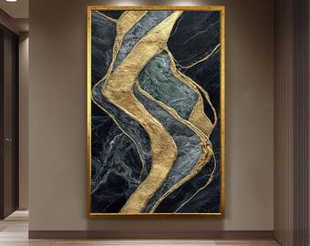 Luxury Black Marble Texture With Elegant Gold Foil Abstract Lines And Emerald Stone Effect For Modern Glam Wall Art Home Decor Colorful Art