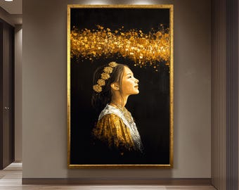 Golden Girl Wall Art - Women Gold Portrait Painting - Luxury Feminine Canvas Print Modern Home Decor - Women Luxury Wall Art, Women Poster