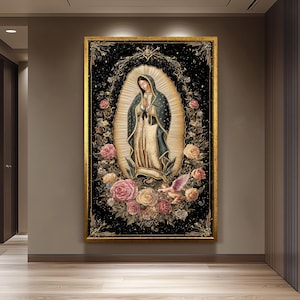 Our Lady Of Guadalupe Wall Art Full Body Canvas Print Surrounded By Roses With Angel Cherub Golden Light On Black Catholic Decor Mother Mary
