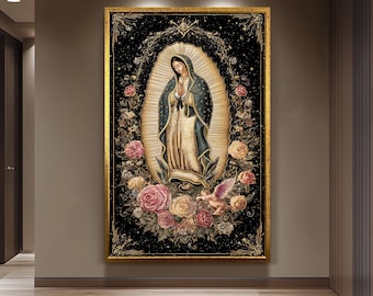 Our Lady Of Guadalupe Wall Art Full Body Canvas Print Surrounded By Roses With Angel Cherub Golden Light On Black Catholic Decor Mother Mary