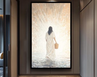Spiritual Abstract Jesus Wall Art Print in Impressionist Style Featuring Christ in White Robe with Basket Walking Toward Light Jesus Artwork