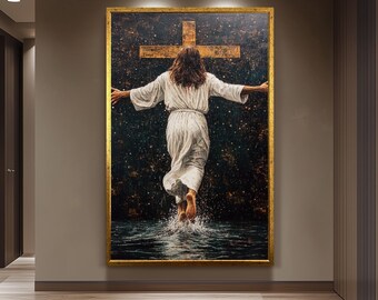 Jesus Walking Toward the Cross Canvas -Powerful Christian Wall Art on Water, Faith-Inspired Home Decor or Spiritual Religious Gift Jesus Art