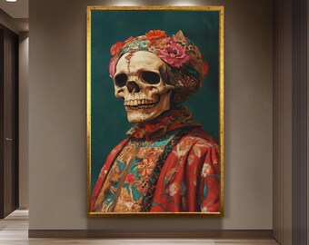 Surreal Skull Portrait Art in Vibrant Floral Clothing and Headwrap | Colorful Day of the Dead Inspired Skeleton Painting Print, Skull Art