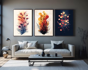 Abstract Botanical Watercolor Print Set: Modern Floral Canvas Wall Art