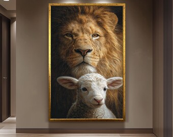 Lion and Lamb Canvas Wall Art Print – Symbol of Peace and Faith Christian Decor for Living Room, Church or Study Thoughtful Religious Gift