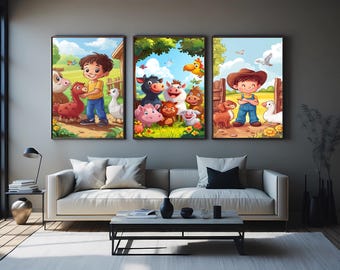 Farm Animal Nursery Wall Art Set of 3 Prints for Kids Room Decor, Cute Cartoon Animals and Farmers Art for Baby Boy or Girl Bedroom