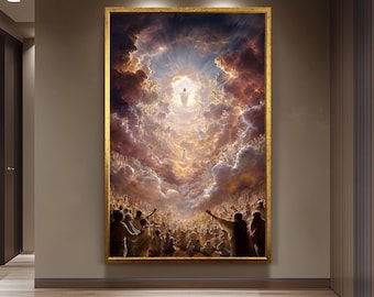 Jesus Christ Ascension Heavenly Glory Canvas  Divine Christian Wall Art with Angels, Light Beams, Worshippers and Celestial Skies Jesus Art