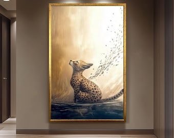 Elegant Cheetah Artwork, Golden Animal Wall Art, Dreamy Wildlife Painting, Abstract Big Cat Decor, Majestic Nature-Inspired Print, Wall Art