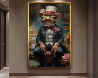 Surreal Frog Gentleman Wall Art Print – Whimsical Amphibian Portrait in Suit and Top Hat – Vintage Style Animal Painting for Home Decor
