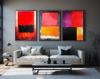 Abstract Color Block Canvas Print Set of 3, Modern Geometric Wall Art for Bedroom or Living Room Mid Century Minimalist Home Decor Color Art