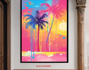 Tropische Palme bei Sonnenuntergang Leinwanddruck - Bunter Sommer-Stranddruck für Boho-, Küsten- oder moderne Wohnzimmer-Dekor-Landschaftswand-Dekor