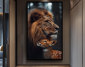 Majestic Lion and Baby Deer Wall Art Print, Unique Wildlife Photography Poster, Forest Lion And Deer Wall Art, Animal Painting, Forest Art
