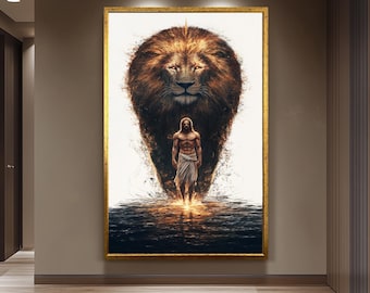 Jesus and Lion Spiritual Wall Art Print, Christian Religious Painting Poster, Symbolic Strength and Faith Canvas, Inspirational Home Decor
