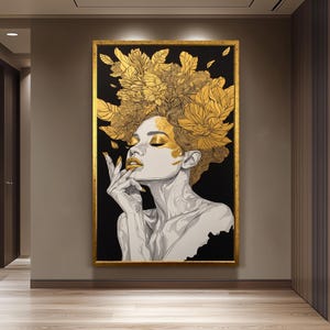 Golden Floral Woman Wall Art, Black and Gold Feminine Portrait, Luxury Canvas Print, Modern Glam Home Decor, Gold Woman Decor, Woman  art