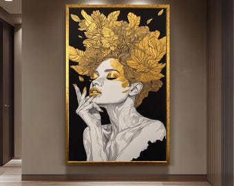 Golden Floral Woman Wall Art, Black and Gold Feminine Portrait, Luxury Canvas Print, Modern Glam Home Decor, Gold Woman Decor, Woman  art