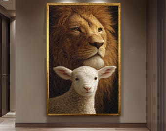 Lion and Lamb Canvas Wall Art Print – Symbolic Christian Artwork for Living Room, Prayer Space or Church Soothing Religious Gift Home Decor