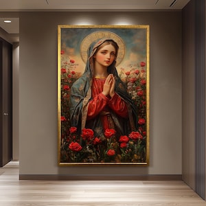 Virgin Mary Painting with Golden Halo and Red Roses, Catholic Sacred Art Canvas Print for Prayer Room or Spiritual Home Wall Decor, Mary Art