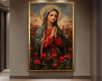 Virgin Mary Painting with Golden Halo and Red Roses, Catholic Sacred Art Canvas Print for Prayer Room or Spiritual Home Wall Decor, Mary Art