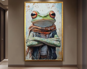 Cool Frog Wall Art Print, Surreal Amphibian Portrait with Crossed Arms and Scarf, Whimsical Animal Artwork for Modern Eclectic Decor