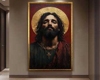 Sacred Surreal Jesus Portrait Wall Art – Spiritual Religious Painting with Golden Halo and Cross  Divine Christian Canvas Decor Jesus Canvas