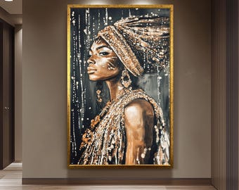 Golden African Woman Wall Art, Black and Gold Portrait, Elegant Tribal Canvas Print, Modern Luxury Home Decor, Cultural Feminine Artwork