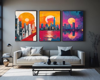Sunset Cityscape Wall Art Set of 3, Vibrant Urban Skyline Canvas Prints with Abstract Sun and Reflection, Modern Architecture Home Decor