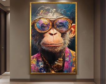 Funky Monkey Canvas Wall Art Print  Surreal Chimp Portrait for Living Room, Office or Studio Fun Jungle Decor and Unique Gift for Art Lovers