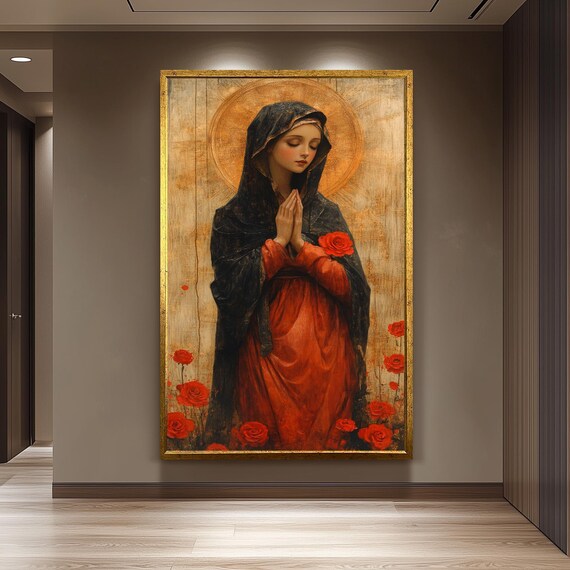 Virgin Mary Canvas Print, Red Dress, Roses, Catholic Home Decor - Etsy