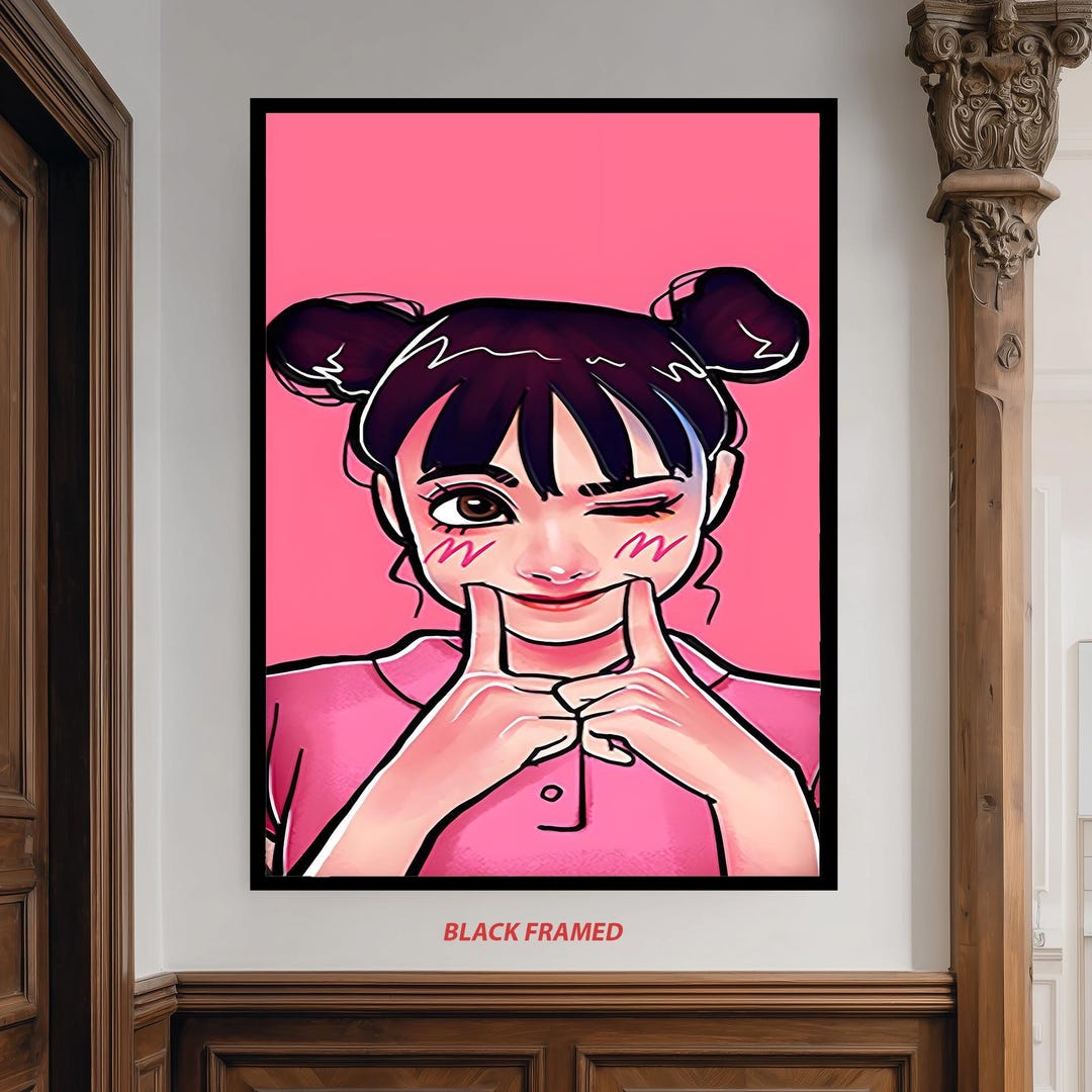 Cute Anime Girl Wink Art Print Pink Wall Decor Canvas Poster Kawaii ...