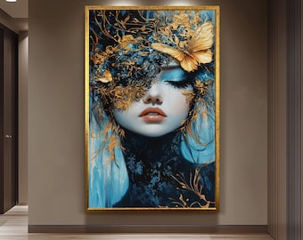Elegant Surreal Wall Art of Woman with Gold Butterfly Mask and Blue Tones | Fantasy Portrait with Luxe Metallic Accents and Dreamlike Beauty