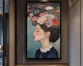 Surreal Floral Woman Portrait Wall Art Dreamy Botanical Headpiece Painting Feminine Fine Art Print Elegant Vintage Style Home Decor
