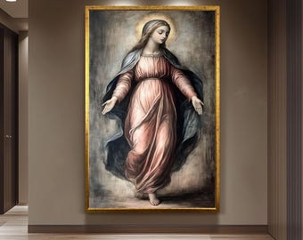 Classic Virgin Mary Painting in Flowing Rose Gown with Golden Halo, Catholic Renaissance Style Canvas Art for Prayer Room or Sacred Decor