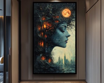 Surreal Fantasy Wall Art of Woman's Face Blending with Forest and Full Moon in Dreamlike Night Scene Above Mystical Cityscape, Surreal Woman