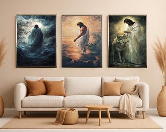 Jesus Christ Spiritual Wall Art Set of 3 – Peaceful Sea Wolf Companion and Storm Scene – Inspirational Christian Canvas Decor for Home