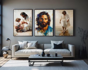 3 Piece Jesus Christ Wall Art – Modern Abstract Portrait, Walking on Water, and Tender Scene with Child for Christian Home Decor Jesus Print