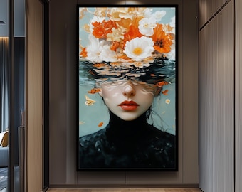 Surreal Woman Portrait Wall Art With Flowers And Fish, Abstract Feminine Painting Print, Dreamy Face Art For Modern Home Decor Woman Artwork