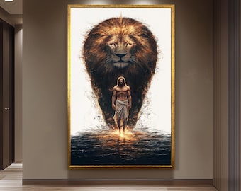Jesus and Lion Canvas Wall  Print – Christian Religious Decor for Living Room, Church or Prayer Room Powerful Faith-Based Gift for Believers