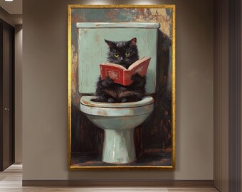 Funny Cat Bathroom Wall Art, Rustic Feline Reading Painting, Whimsical Toilet Humor Canvas Print, Vintage Toilet Decor,  Restroom Artwork