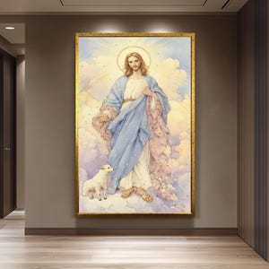 Whimsical Jesus Christ Illustration with Lamb in Pastel Clouds, Christian Storybook Style Print, Gentle Spiritual Wall Art for Nursery Room