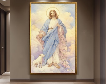 Whimsical Jesus Christ Illustration with Lamb in Pastel Clouds, Christian Storybook Style Print, Gentle Spiritual Wall Art for Nursery Room