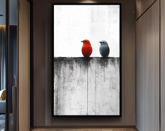 Minimalist Bird Wall Art Red and Blue Birds on Monochrome Fence Canvas Print, Modern Contrast Animal Painting for Contemporary Home Décor