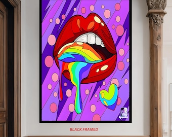 Rainbow Lips Pop Art Wall Print with Dripping Colors and Bold Red Mouth on Vibrant Purple Background for Colorful Modern Decor Pop Wall Art