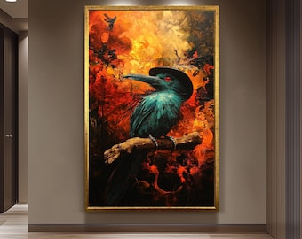 Mysterious Crow Art Print With Fire Background, Dark Fantasy Raven Wall Art, Gothic Bird Poster For Living Room Or Office Decor Crow Artwork