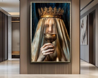 Gothic Queen Canvas Print, Golden Crown, Dark Academia Wall Art