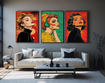 Pop Art Woman Portrait Prints: Retro Comic Style Wall Art Set