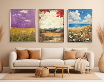 Farmhouse Landscape Art Prints Set Rustic Country Wall Decor for Living Room or Bedroom, Vintage Style Rural Nature Inspired Home Decoration